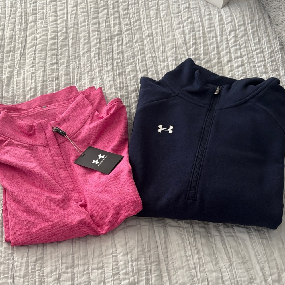 Under Armour Pink and Navy Quarter-Zip Tops